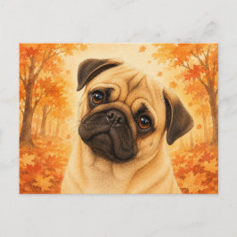 Postal Perro Pug Bosque de Otoño