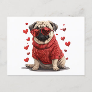 Postal Perro Pug día de San Valentín
