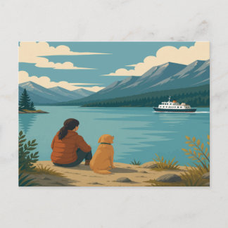 Postal Perro Retriever Dorado Lago Montaña Ferry Escénico