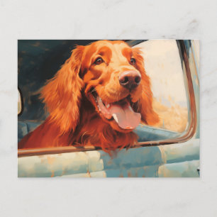 Postal Perro Rojo en Estampa de Arte de Ventana de Camión