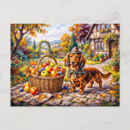 Postal Perro salchicha sentado junto a manzanas calabazas