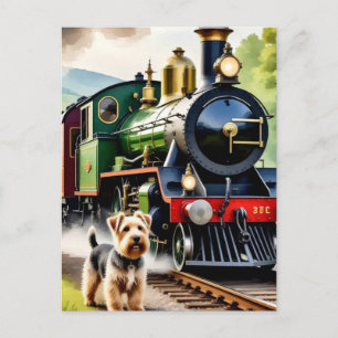 Postal Perro saludando tren de vapor