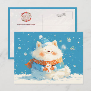 Postal Perro Samoyedo Acogedor con Mini Muñeco de Nieve