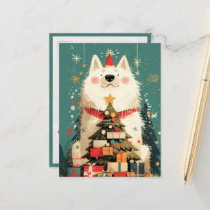 Postal Perro Samoyedo lindo con Navidad