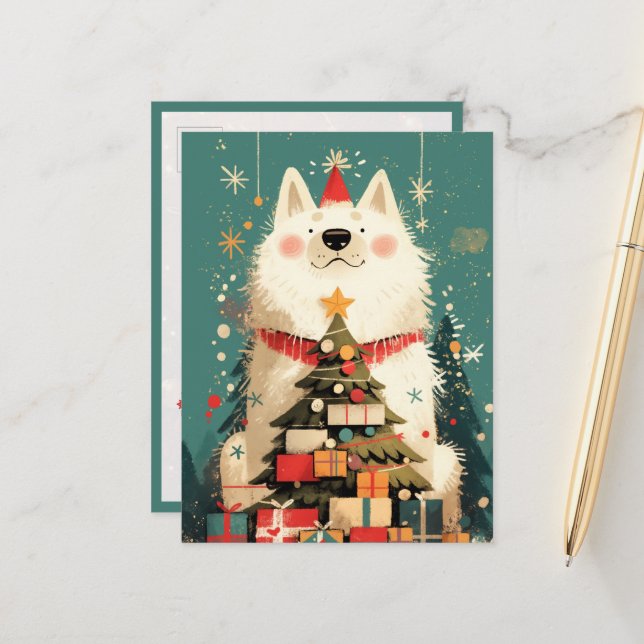 Postal Perro Samoyedo lindo con Navidad (Anverso/Reverso In Situ)