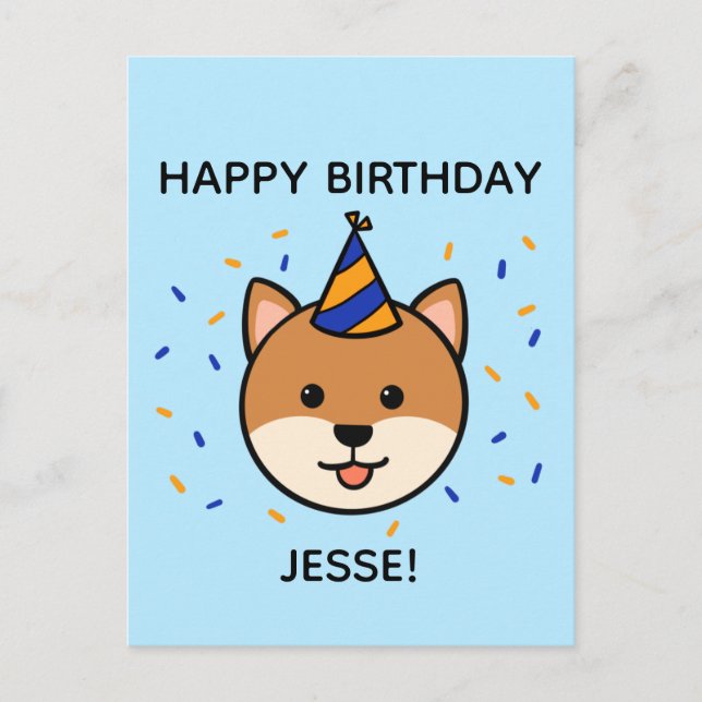 Postal Perro Shiba Inu | Saludo de cumpleaños azul y Nara (Anverso)