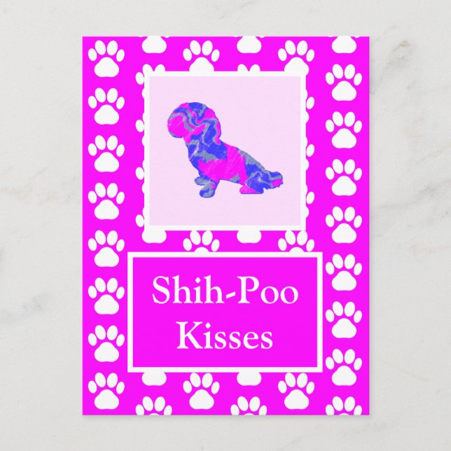 Postal Perro shih-poo besa silueta en rosa y azul (Anverso)