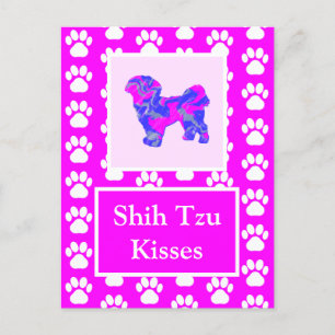 Postal Perro Shih Tzu besa silueta en rosa y azul