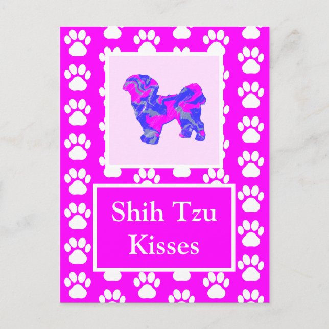 Postal Perro Shih Tzu besa silueta en rosa y azul (Anverso)