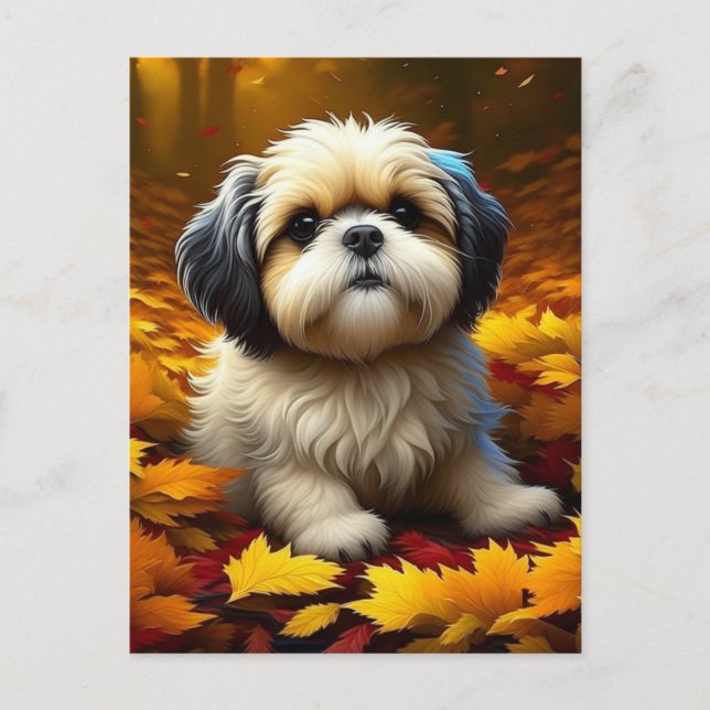 Postal Perro shih Tzu cachorro jugando en hojas de otoño (Anverso)