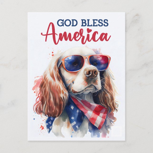 Postal Perro Spaniel Patriótico, Dios Bendiga América Tar (Anverso)