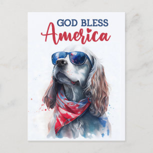Postal Perro Spaniel Patriótico, Dios Bendiga América Tar