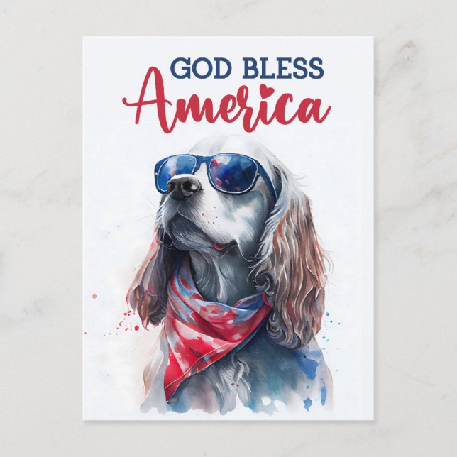 Postal Perro Spaniel Patriótico, Dios Bendiga América Tar (Anverso)