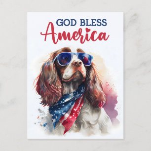 Postal Perro Spaniel Patriótico, Dios Bendiga América Tar