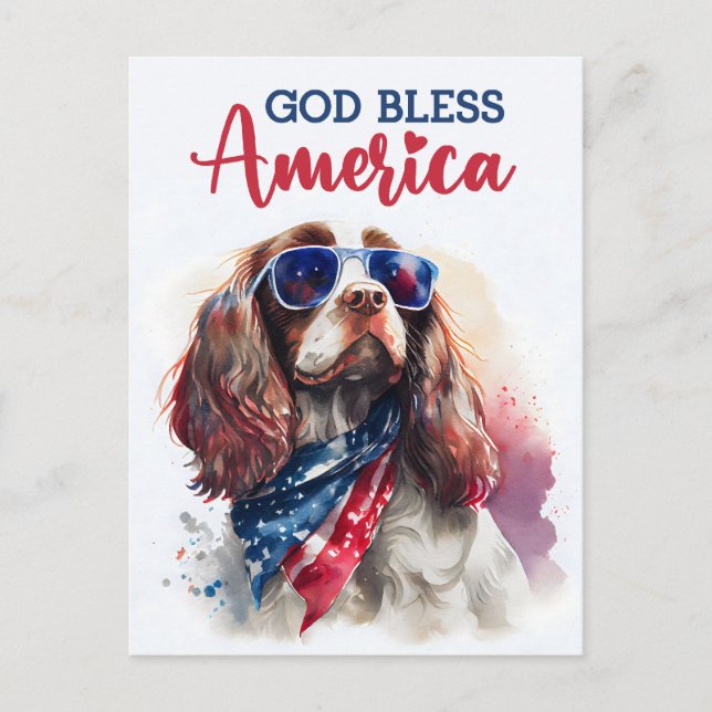 Postal Perro Spaniel Patriótico, Dios Bendiga América Tar (Anverso)