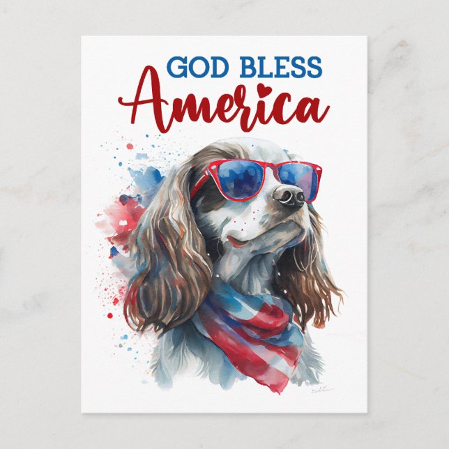 Postal Perro Spaniel Patriótico, Dios Bendiga América Tar (Anverso)