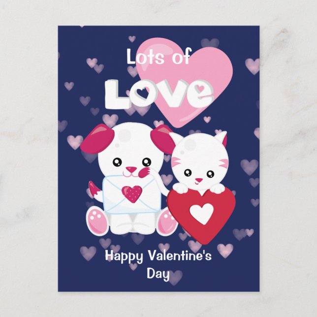 Postal Perro tímido y gato gatito Valentín (Anverso)