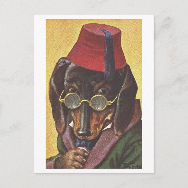 Postal Perro vintage con Fez y Gafas (Anverso)