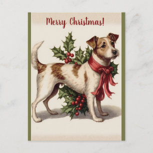 Postal Perro Vintage Editable Con Navidad De Acebo Y Lazo
