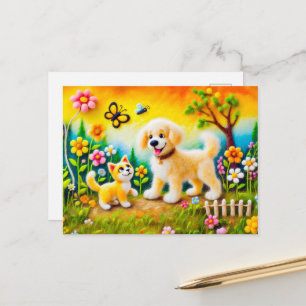 Postal Perro y gato de fieltro en jardín de puesta de sol