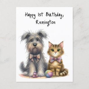 Postal Perro y gato lindo feliz primer cumpleaños persona