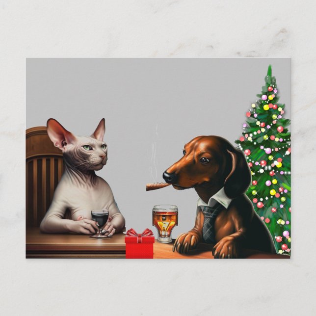 Postal Perro y gato Navidades solitarios (Anverso)