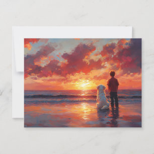 Postal Perro y niño viendo la puesta de sol en la playa
