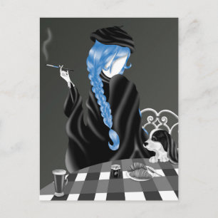 Postal Perro y Señora en el café Blue Hair Postcard