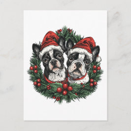 Postal Perros Boston Terrier Navidad Corona de Fiesta
