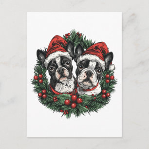 Postal Perros Boston Terrier Navidad Corona de Fiesta