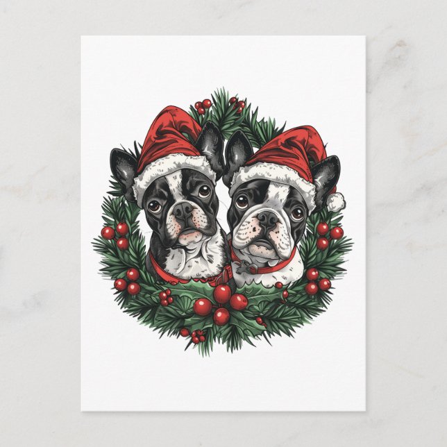 Postal Perros Boston Terrier Navidad Corona de Fiesta (Anverso)