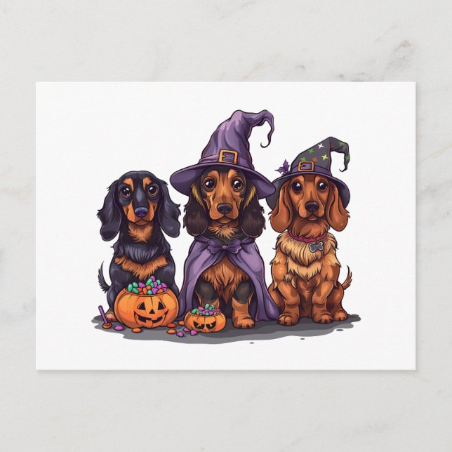 Postal Perros de bruja de Halloween Dachshund (Anverso)