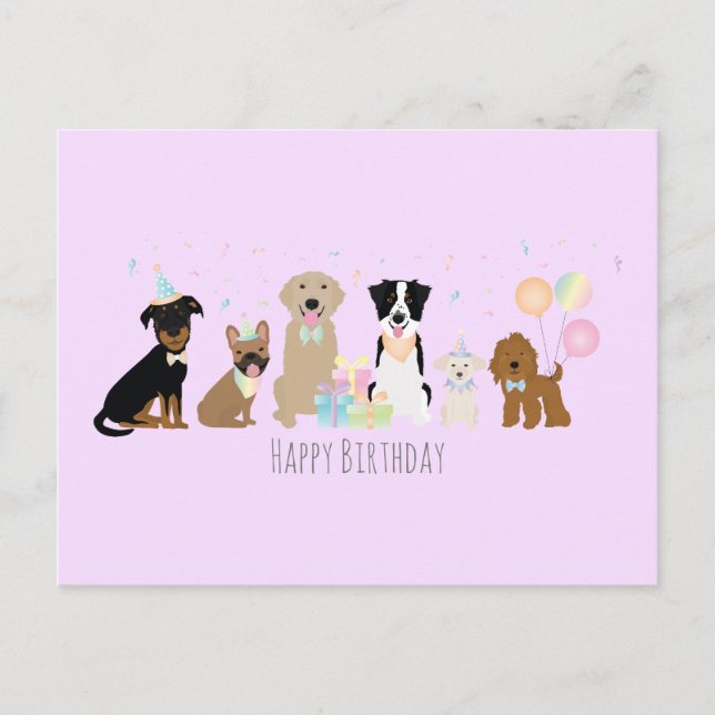 Postal Perros de Fiesta de Cumpleaños Morados Felices (Anverso)