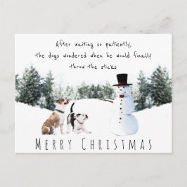 Postal Perros de Navidad esperando un palo de un muñeco d