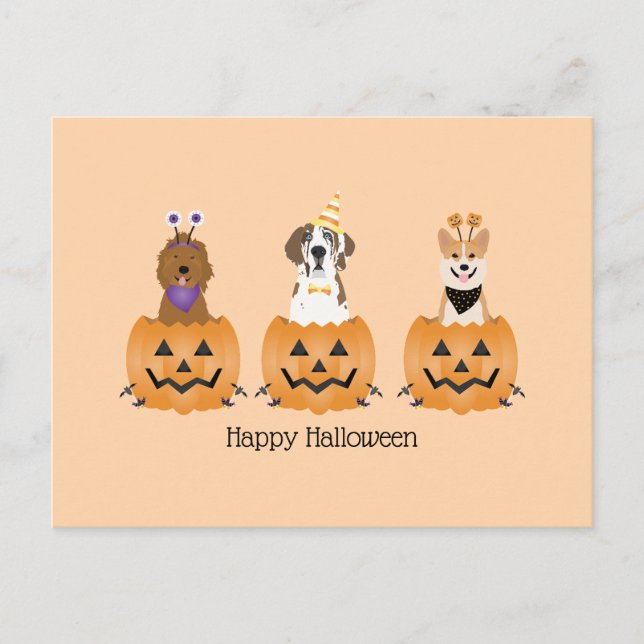 Postal Perros felices de Halloween en calabazas (Anverso)