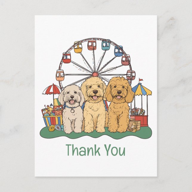 Postal Perros Goldendoodle agradecidos en una feria  (Anverso)