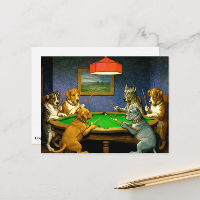 Postal Perros jugando billar snooker broma divertida (Anverso/Reverso In Situ)