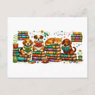 Postal Perros Leyendo Libros Escena de Biblioteca Acogedo