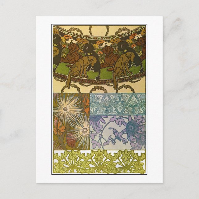Postal Perros y flores de estilo Art Nouveau, Mucha (Anverso)