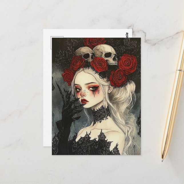 Postal Persephone Goth Rosas Rojas Calaveras (Anverso/Reverso In Situ)