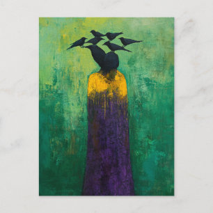 Postal Persona abstracta con pájaros negros en la cabeza