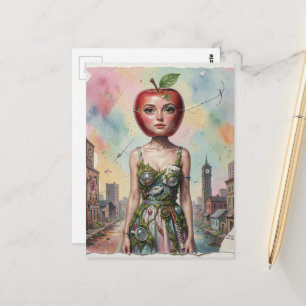 Postal Persona abstracta surrealista con una manzana por