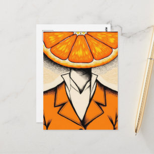 Postal Persona con una cuña de naranja como cabeza