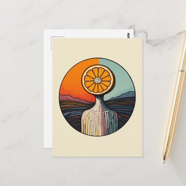Postal Persona con una naranja por cabeza (Anverso/Reverso In Situ)