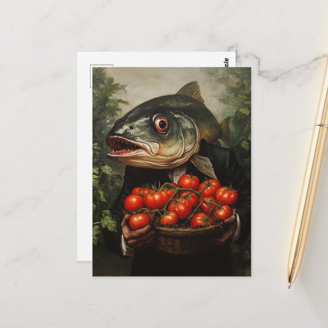 Postal Persona de pescado con una canasta llena de tomate (Anverso/Reverso In Situ)