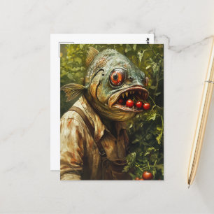 Postal Persona de pescado en un jardín de tomates