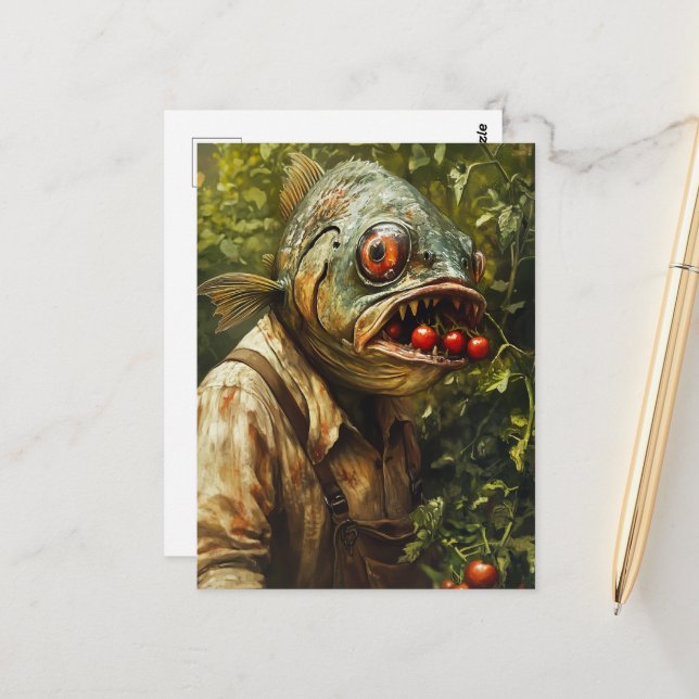 Postal Persona de pescado en un jardín de tomates (Anverso/Reverso In Situ)