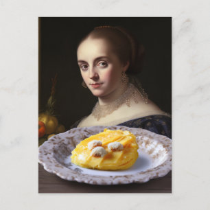 Postal Persona en la pintura mirando la comida