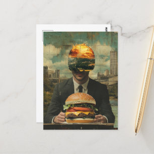 Postal Persona surrealista de hamburguesa con queso en la