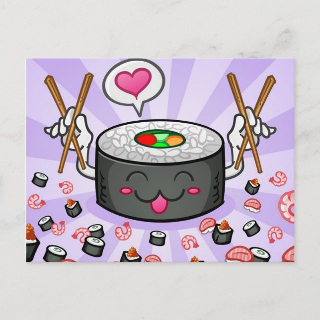 Postal Personaje de caricatura de sushi comiendo muchos c (Anverso)